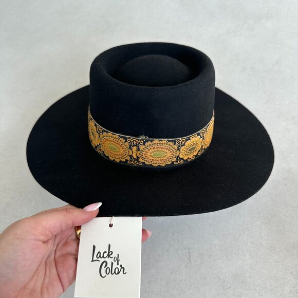 NWT Lack Of Color The Lolita Wool Felt Boater Hat Black w/ Gold Ribbon Band main image 5
